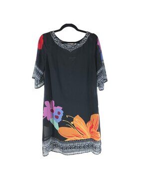 Soft Surroundings Shift Dress Black Orange Hibiscus Floral Sheer Overlay S